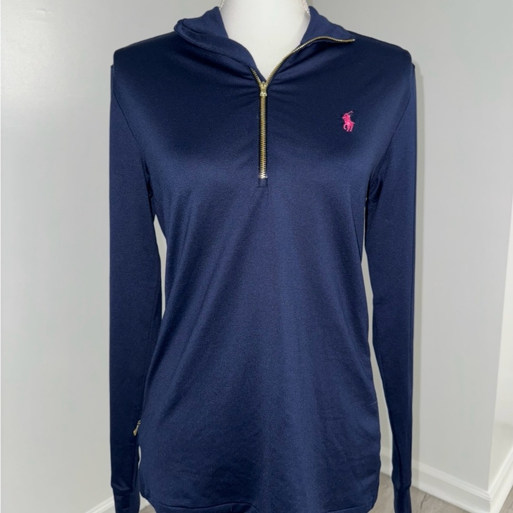 Ralph Lauren Golf Women’s Navy 1/4 Zip Pullover Top Size M Pink Logo Preppy - Picture 1 of 4